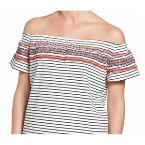 NEW THML Mirah Knit Off the Shoulder Top Women Medium Embroidered Stripe